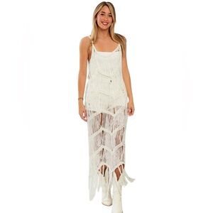 LE LIS Boho Fringe Chevron Pattern Western Maxi Dress Beach Cover Up Caftan NWT